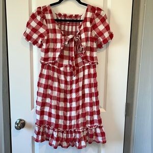 Ivy City Co. Red & White Picnic Retro Milkmaid Mini Dress Puff Sleeve